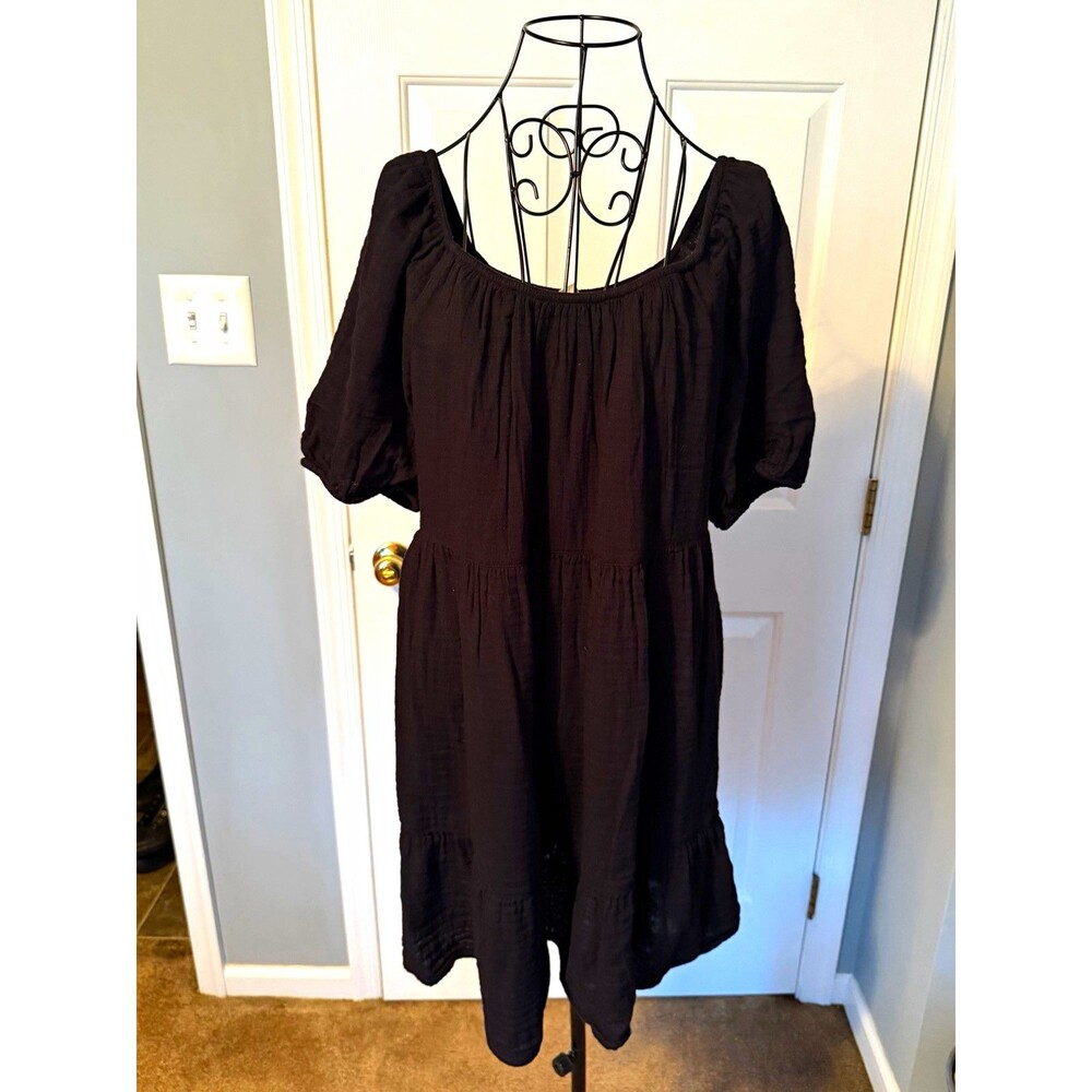Old Navy Black Solid Scoop Neck Puff Short Sleeve Shift Midi Dress Size XS